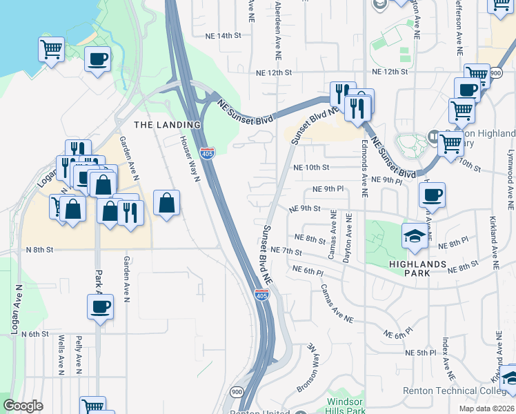 map of restaurants, bars, coffee shops, grocery stores, and more near 901 Sunset Boulevard Northeast in Renton