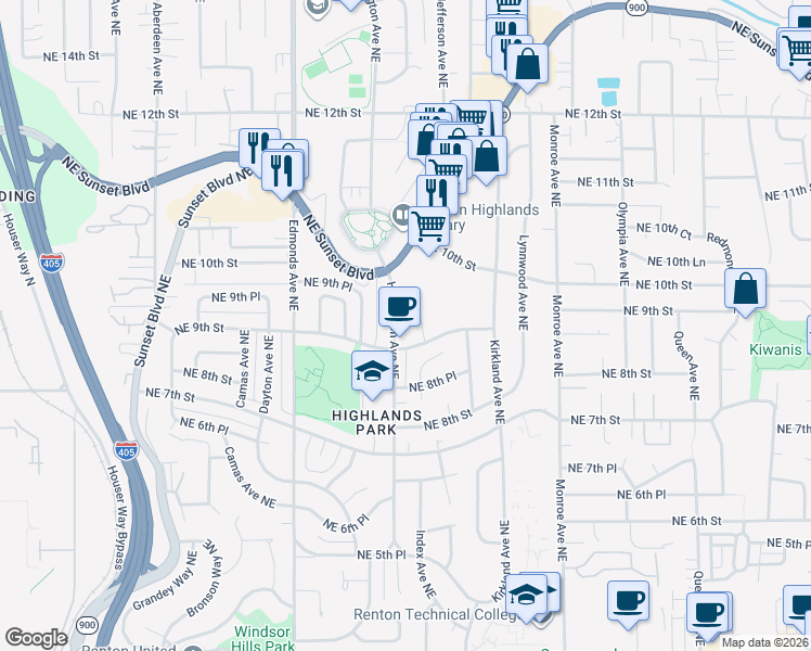 map of restaurants, bars, coffee shops, grocery stores, and more near 950 Harrington Avenue Northeast in Renton