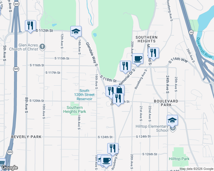 map of restaurants, bars, coffee shops, grocery stores, and more near 11806 Glendale Way South in Seattle