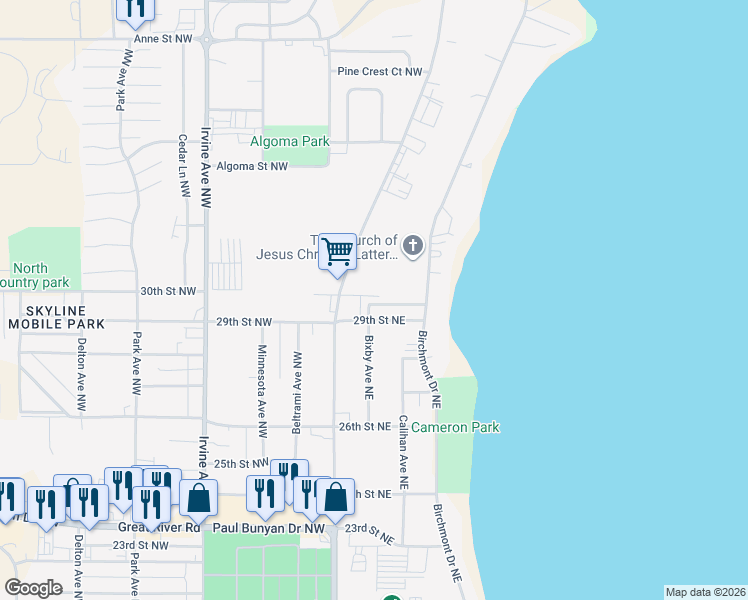map of restaurants, bars, coffee shops, grocery stores, and more near 216 Norwood Drive Northeast in Bemidji