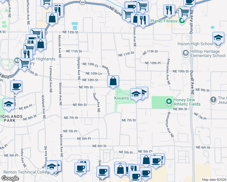 map of restaurants, bars, coffee shops, grocery stores, and more near 866 Redmond Avenue Northeast in Renton