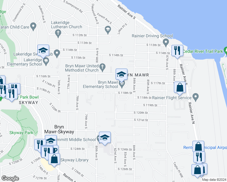 map of restaurants, bars, coffee shops, grocery stores, and more near 11725 82nd Avenue South in Seattle
