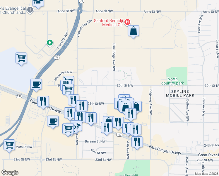 map of restaurants, bars, coffee shops, grocery stores, and more near 2965 Pine Ridge Avenue Northwest in Bemidji