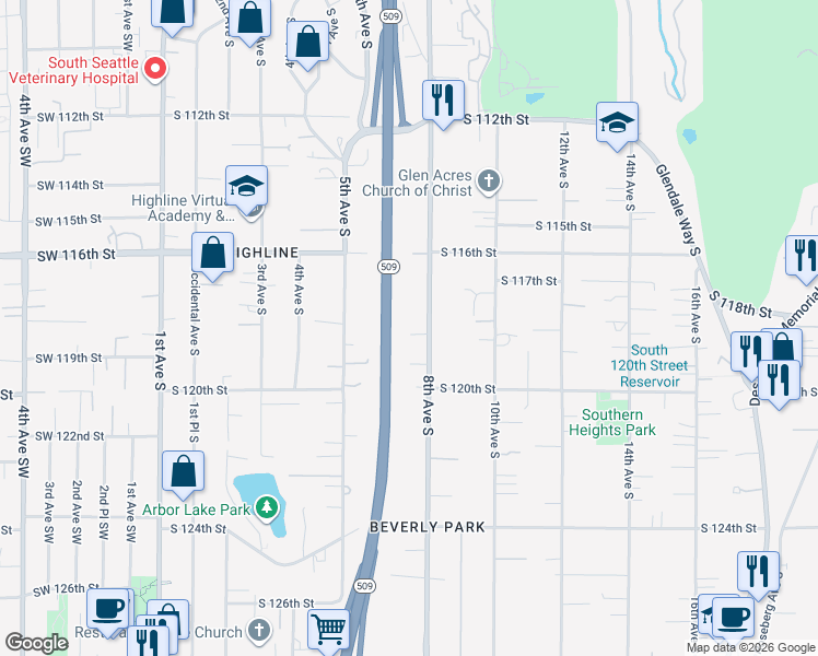 map of restaurants, bars, coffee shops, grocery stores, and more near 11731 8th Avenue South in Seattle
