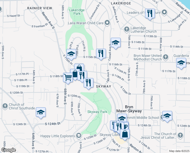 map of restaurants, bars, coffee shops, grocery stores, and more near 104 72nd Avenue South in Seattle