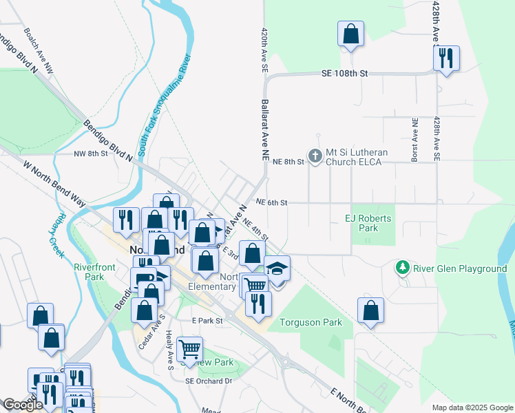 map of restaurants, bars, coffee shops, grocery stores, and more near 512 Ballarat Avenue North in North Bend
