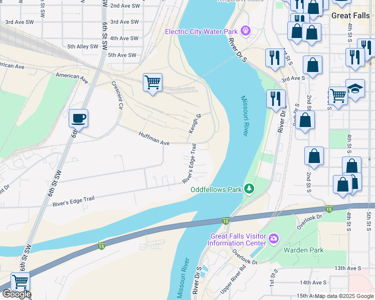 map of restaurants, bars, coffee shops, grocery stores, and more near 204 Huffman Ave in Great Falls