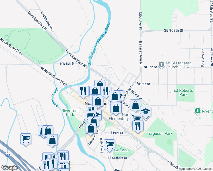 map of restaurants, bars, coffee shops, grocery stores, and more near 319 Bendigo Boulevard North in North Bend