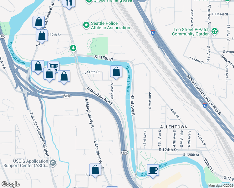 map of restaurants, bars, coffee shops, grocery stores, and more near 11816 40th Avenue South in Tukwila