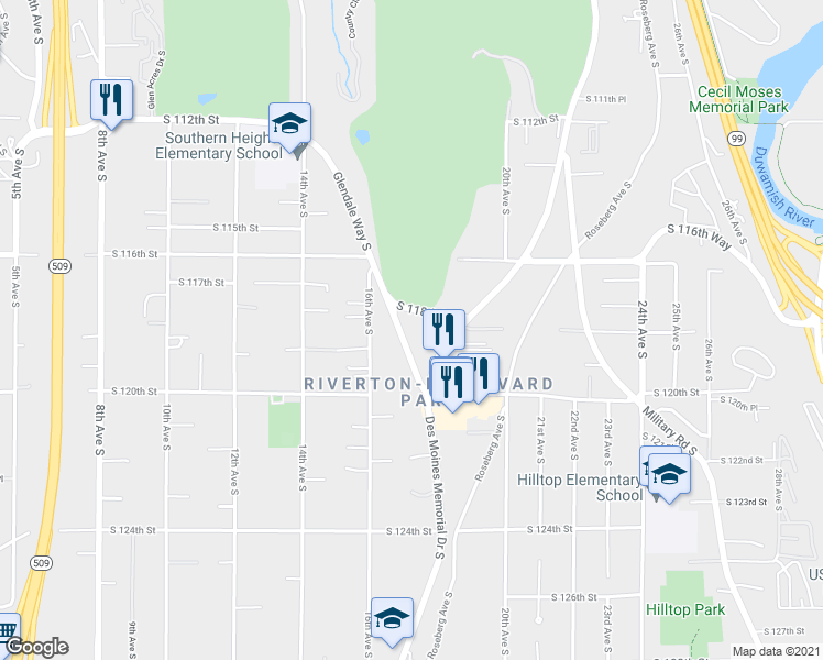 map of restaurants, bars, coffee shops, grocery stores, and more near 11804 Glendale Way South in Seattle