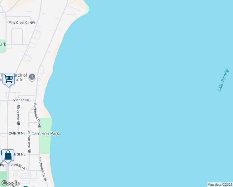 map of restaurants, bars, coffee shops, grocery stores, and more near Birchmont Drive Northeast in Bemidji