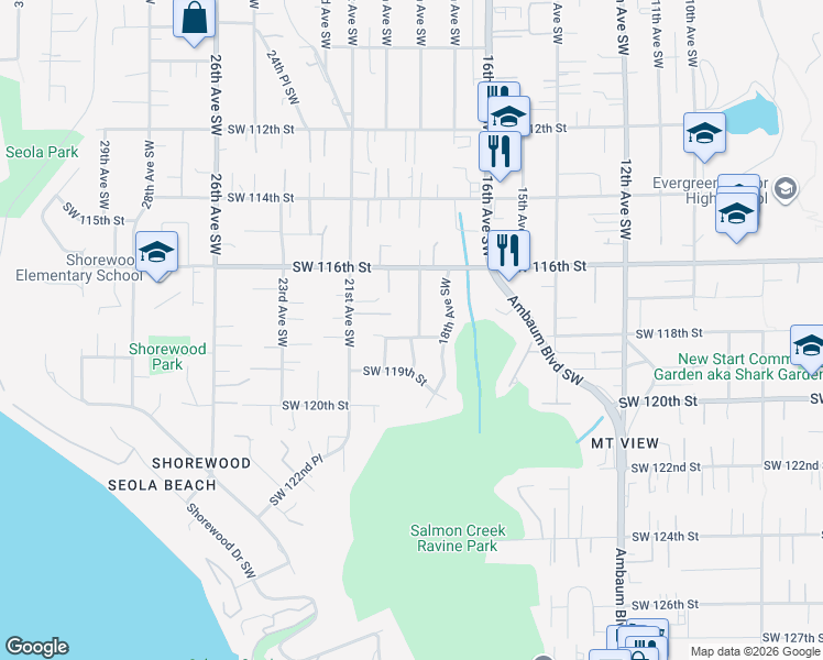 map of restaurants, bars, coffee shops, grocery stores, and more near 11661 19th Avenue Southwest in Burien
