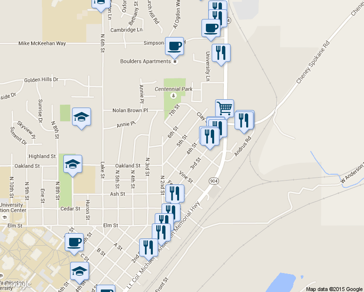 map of restaurants, bars, coffee shops, grocery stores, and more near 1613 5th St in Cheney
