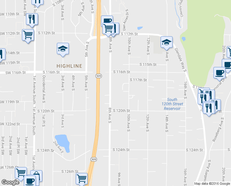 map of restaurants, bars, coffee shops, grocery stores, and more near 11804 8th Avenue South in Seattle