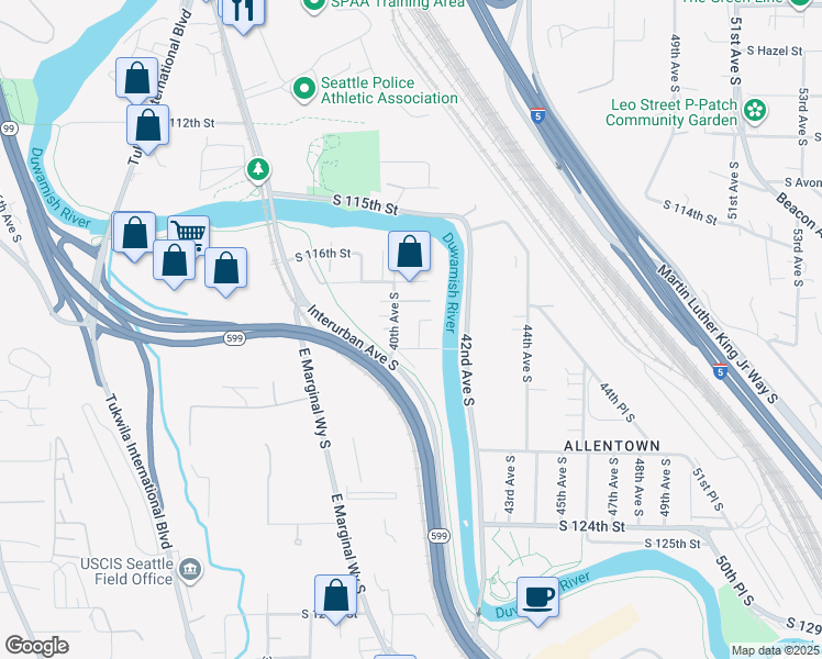 map of restaurants, bars, coffee shops, grocery stores, and more near 11816 40th Avenue South in Tukwila