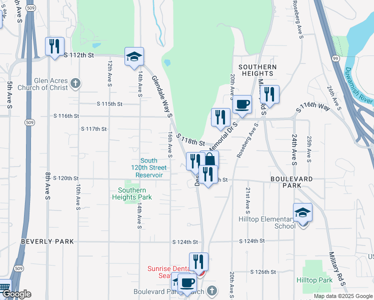 map of restaurants, bars, coffee shops, grocery stores, and more near 11804 Glendale Way South in Seattle