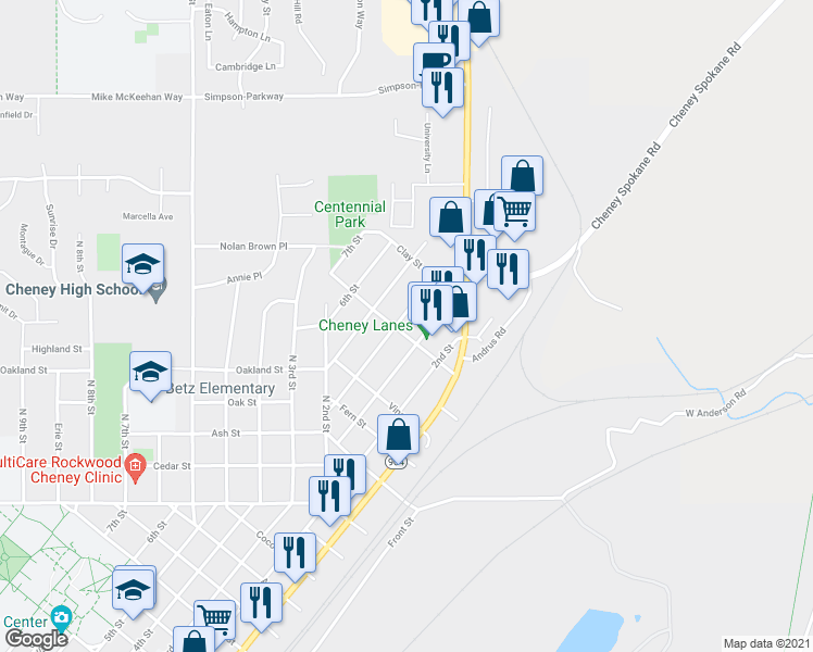 map of restaurants, bars, coffee shops, grocery stores, and more near 1707 4th St in Cheney
