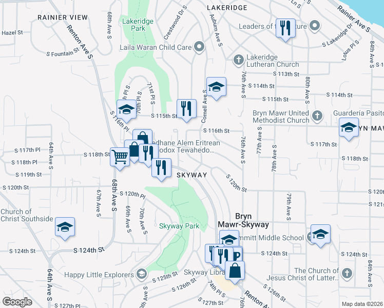 map of restaurants, bars, coffee shops, grocery stores, and more near 7214 South 120th Street in Seattle