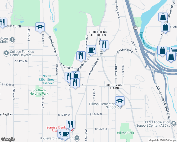 map of restaurants, bars, coffee shops, grocery stores, and more near 11663 Roseberg Avenue South in Seattle