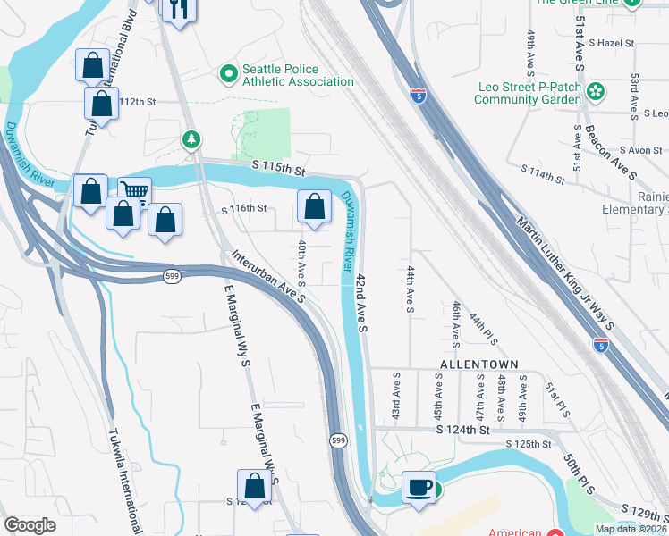 map of restaurants, bars, coffee shops, grocery stores, and more near 11802 40th Place South in Tukwila
