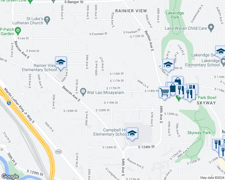 map of restaurants, bars, coffee shops, grocery stores, and more near 6211 South 117th Place in Seattle