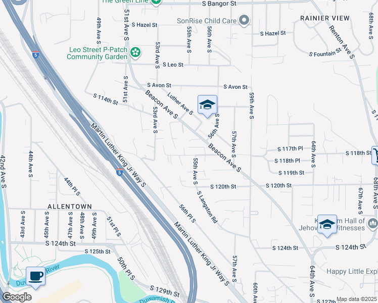 map of restaurants, bars, coffee shops, grocery stores, and more near 5370 South Wallace Street in Seattle