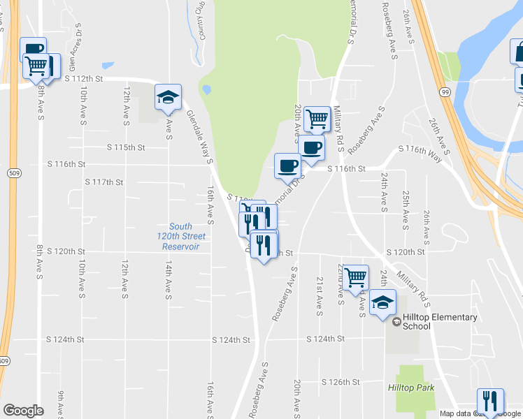 map of restaurants, bars, coffee shops, grocery stores, and more near 11803 Des Moines Memorial Drive in Seattle