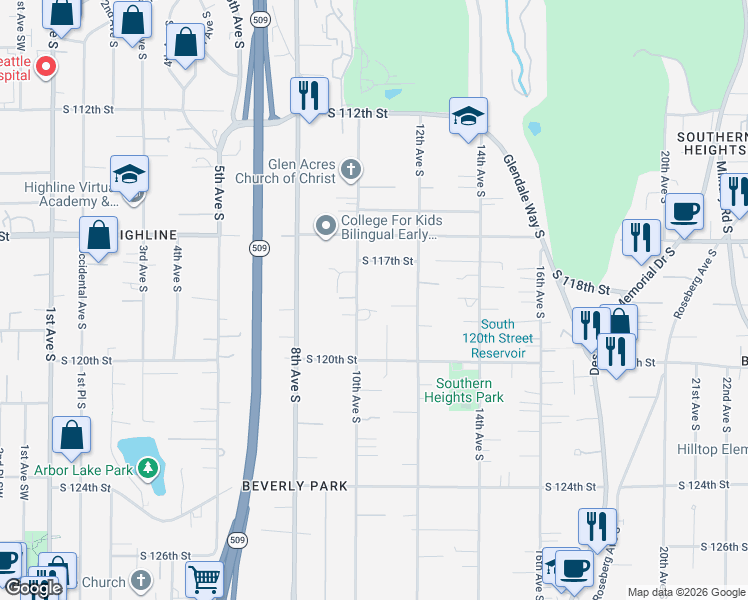 map of restaurants, bars, coffee shops, grocery stores, and more near 11820 10th Avenue South in Seattle