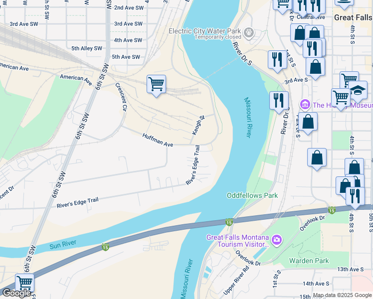 map of restaurants, bars, coffee shops, grocery stores, and more near 204 Huffman Avenue in Great Falls