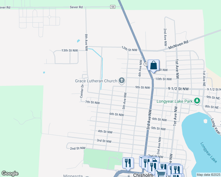 map of restaurants, bars, coffee shops, grocery stores, and more near 614 8th Street Northwest in Chisholm
