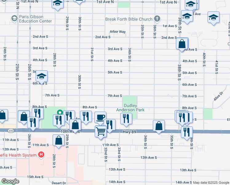 map of restaurants, bars, coffee shops, grocery stores, and more near 3225 7th Avenue South in Great Falls