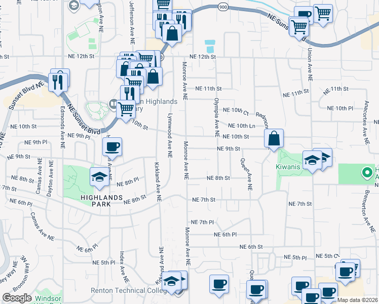 map of restaurants, bars, coffee shops, grocery stores, and more near 880 Monroe Avenue Northeast in Renton