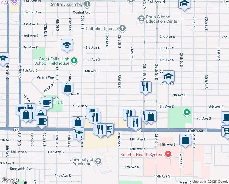 map of restaurants, bars, coffee shops, grocery stores, and more near 2217 7th Avenue South in Great Falls