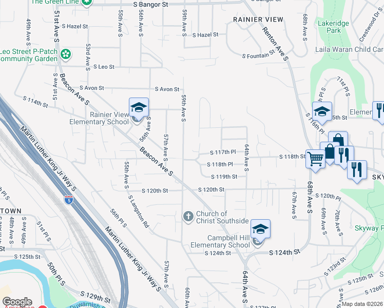map of restaurants, bars, coffee shops, grocery stores, and more near 5912 South 118th Street in Seattle