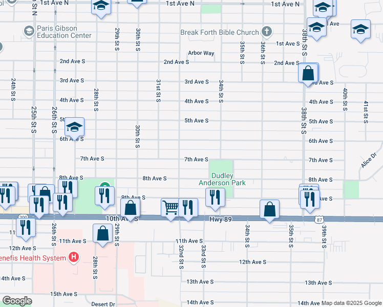 map of restaurants, bars, coffee shops, grocery stores, and more near 3225 7th Avenue South in Great Falls