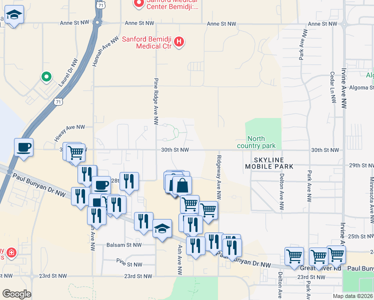 map of restaurants, bars, coffee shops, grocery stores, and more near 1410 30th Street Northwest in Bemidji
