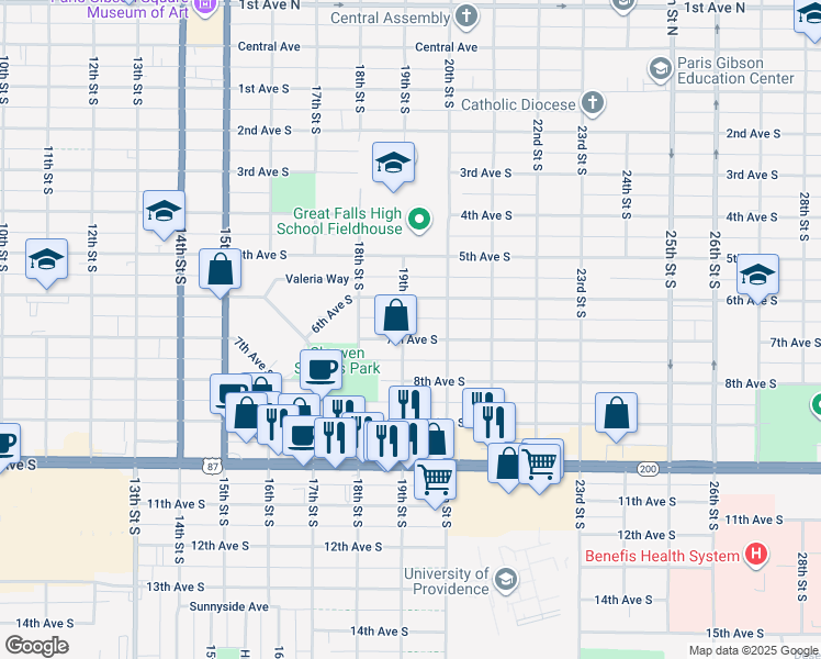 map of restaurants, bars, coffee shops, grocery stores, and more near 1901 7th Avenue South in Great Falls