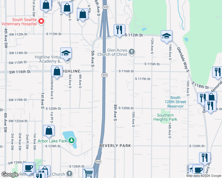 map of restaurants, bars, coffee shops, grocery stores, and more near 11731 8th Ave S in Seattle