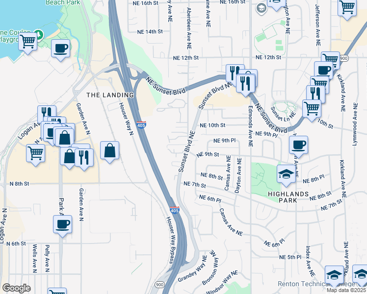 map of restaurants, bars, coffee shops, grocery stores, and more near 901 Sunset Boulevard Northeast in Renton