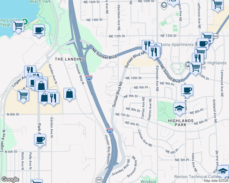 map of restaurants, bars, coffee shops, grocery stores, and more near 901 Sunset Boulevard Northeast in Renton