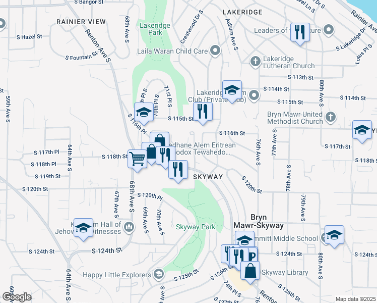map of restaurants, bars, coffee shops, grocery stores, and more near 104 72nd Avenue South in Seattle