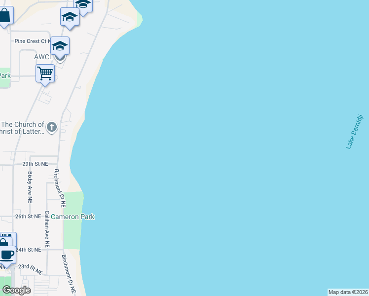 map of restaurants, bars, coffee shops, grocery stores, and more near Birchmont Drive Northeast in Bemidji