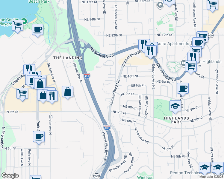 map of restaurants, bars, coffee shops, grocery stores, and more near 901 Sunset Boulevard Northeast in Renton