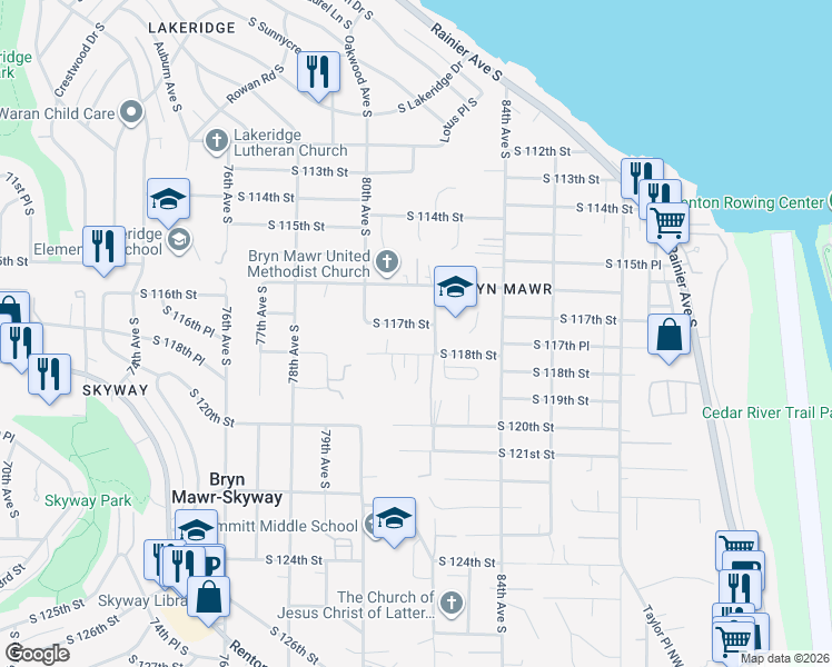 map of restaurants, bars, coffee shops, grocery stores, and more near 11725 82nd Avenue South in Seattle