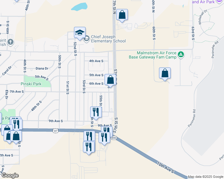 map of restaurants, bars, coffee shops, grocery stores, and more near 620 57th Street South in Great Falls
