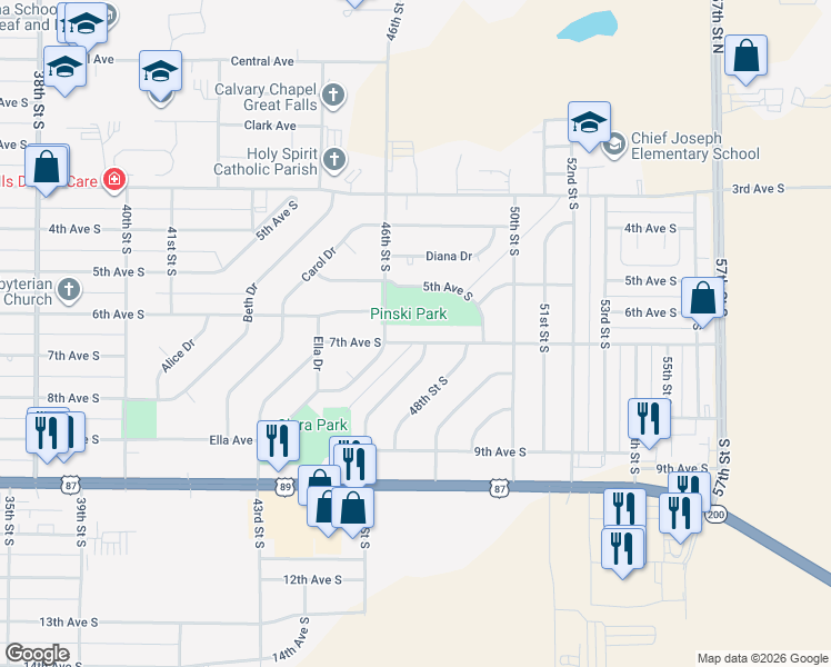 map of restaurants, bars, coffee shops, grocery stores, and more near 707 47th Street South in Great Falls