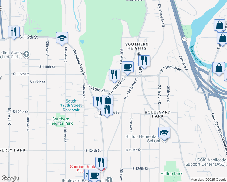 map of restaurants, bars, coffee shops, grocery stores, and more near 11670 Des Moines Memorial Drive in Burien