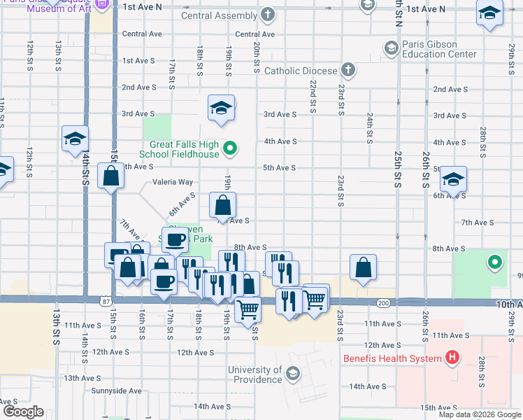 map of restaurants, bars, coffee shops, grocery stores, and more near 615 20th Street South in Great Falls