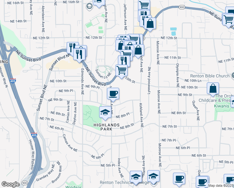 map of restaurants, bars, coffee shops, grocery stores, and more near 950 Harrington Avenue Northeast in Renton