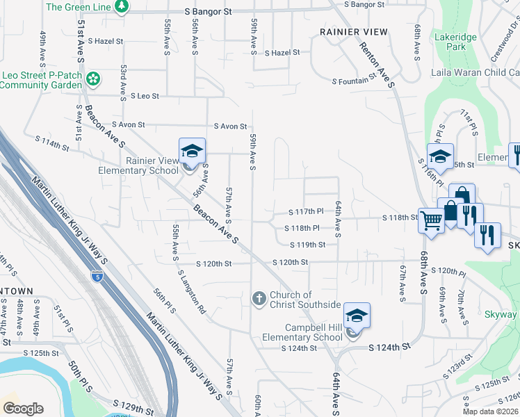 map of restaurants, bars, coffee shops, grocery stores, and more near 5912 South 118th Street in Seattle